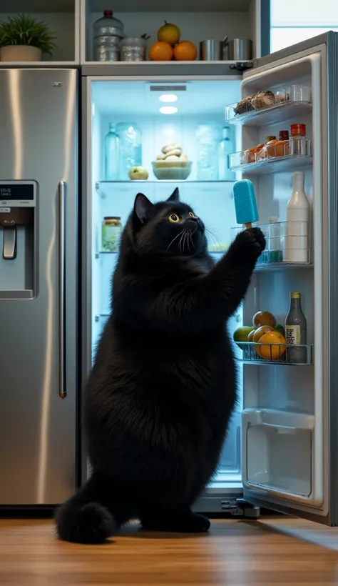 An ultra-realistic 8K image set in a modern kitchen with detailed textures, soft natural lighting, and an open stainless steel refrigerator. In the center of the image, a giant black and chubby cat stands upright like a human, with a shiny and fluffy black...