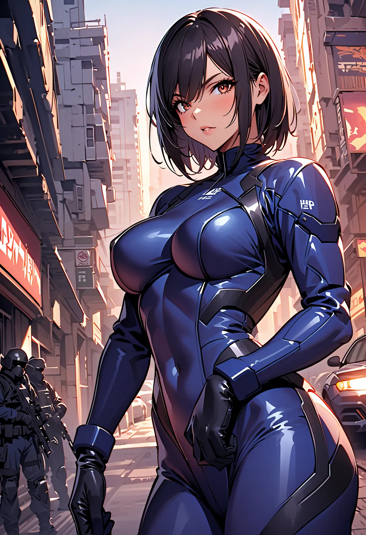 (masterpiece:1.2,Best Quality,Best Quality,Very  Details:1.2),8k, wallpaper,(one woman),( future female SWAT team member ),avoid being spotted by enemies.:1.6),(( bright)),( Navy blue tactical body armor that fits the body very well),(perfectionな体),(TACTIC...