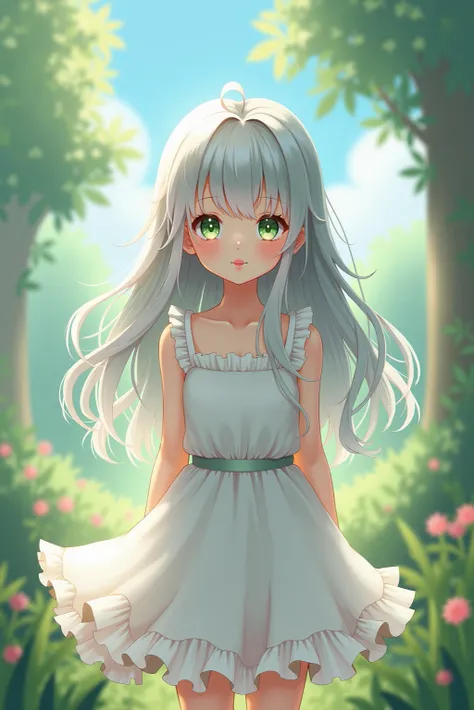 Young, silver hair, green eyes, girl, timid, full body, anime style