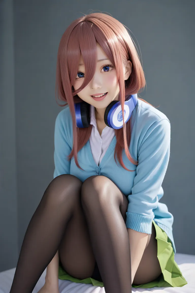 Cosplay, Nakano Miku,Eye bangs, Hair,big breasts, collared shirt,light blue cardigan,green skirt,black pantyhose, knees _to_chest,full_shot, headphones hanging around the neck ,long hair, hugging own legs, and laugh, 