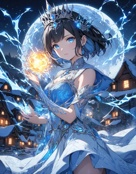 night, ((1 girl)), alone, masterpiece, 8k wallpaper, highres, absurdres, high quality background, short hair, black hair, multicolor hair, beautiful frozen village, (full bright moon), blue dress, detailed dress, jewelry dress, (magic:1.2), blue fire, blue...