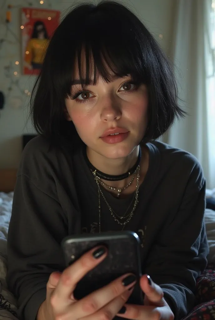 "Realistic selfie of a 20-year-old Brazilian woman with short, straight black hair, styled like Matilda from Léon: The Professional, with bangs framing her face. Ágatha has warm brown eyes, fair skin with subtle Brazilian features, and a calm, neutral expr...