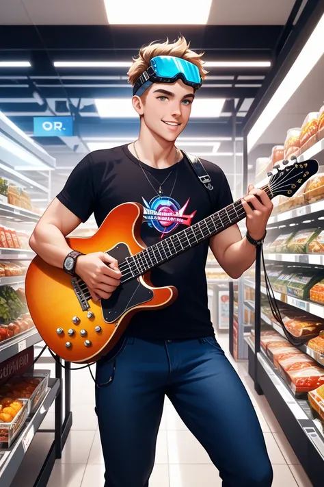 Man wearing vr goggles playing guitar in supermarket