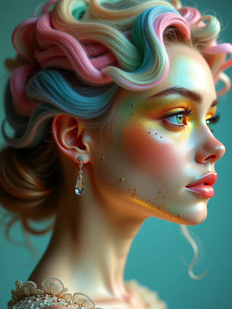  Woman, Hair with various pastel shades, green eyes, she is looking at a happy light mask, very colorful and bright pierrô clothes,  eyes with tears, proportionate 
Profile, beautiful, masterpiece, anatomically correct, Awarded multiple times, High details...