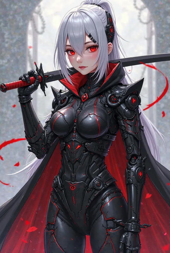 a woman with white hair and red eyes holding a sword, perfect anime cyborg woman, anime cyborg, black mecha, black cybernetic enhancements, ultra detailed female android, black heavy armor, holy cyborg necromancer girl, beutiful girl cyborg, oppai cyberpun...