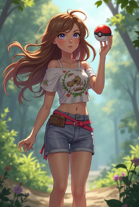 Girl pokemon trainer holding pokeball with brown hair and lilac eyes