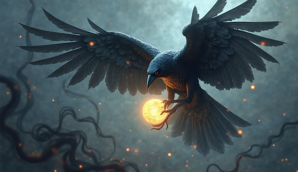 A black raven carries a ball of light in black smoke