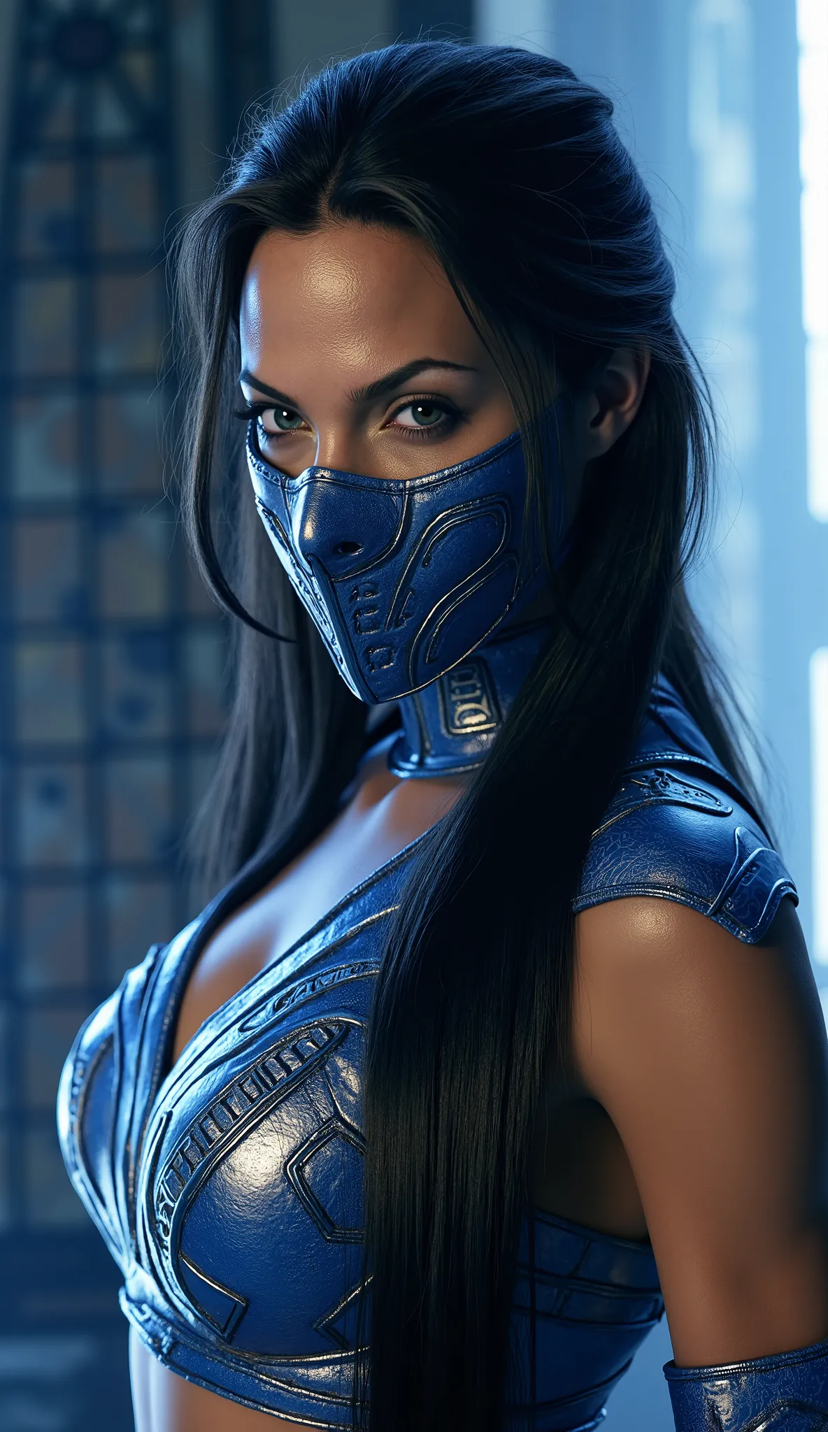 Here's a prompt detailed to generate a super realistic image of Alexandra Daddario as Kitana, with a shiny metal mask and details blue, focused on the upper body: "Hyper-realistic Close-up of Alexandra Daddario as Kitana, the warrior of * mortal kombat*. S...