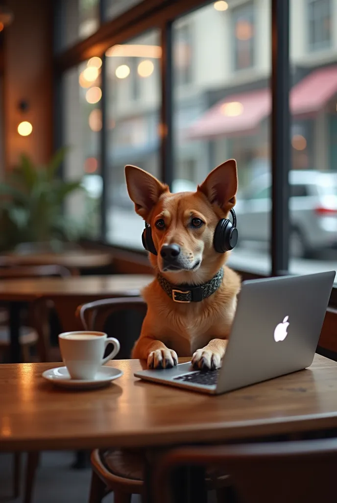 The dog is sitting at a chic cafe table, wearing headphones and working on a laptop, with a cup of coffee next to it.