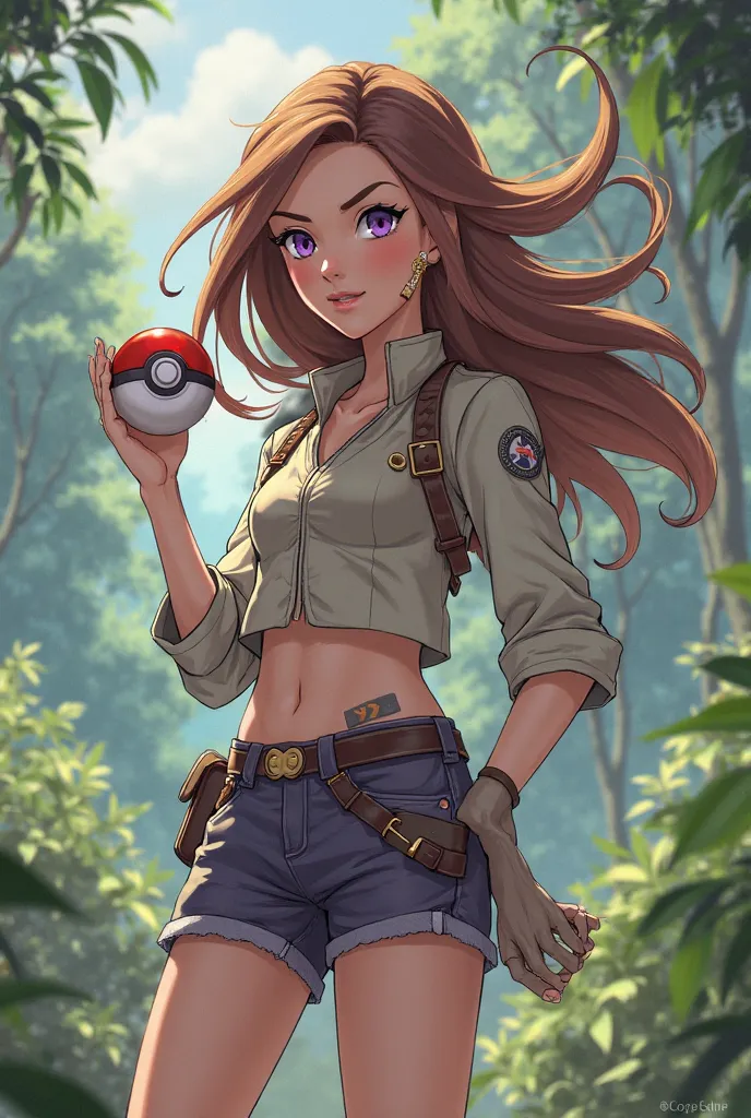 Girl pokemon trainer holding pokeball with brown hair and lilac eyes