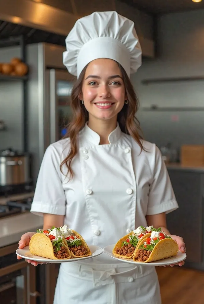 Girl dressed as a chef, holding a plate of tacos in one hand, And another plate of tacos in the other hand.