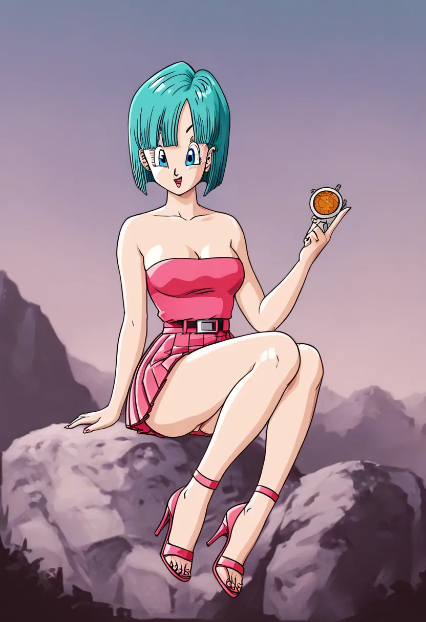  bulma, short hair, aquamarine hair, Bob-style cut. blue eyes, bare shoulders, strapless,  belt,  medium breasted, pink shirt, Pink mini skirt Pleated skirt ,  sitting on a rock , full body, Open Legs, with lace-up heels tied from toe to heel, Curly legs w...