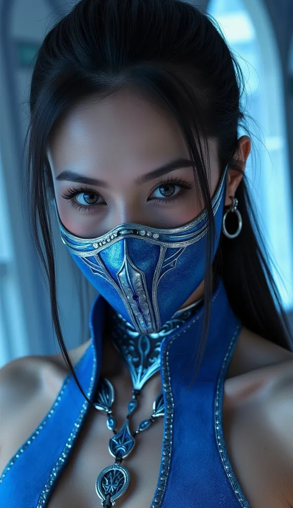 Here's a prompt detailed to generate a super realistic image of Alexandra Daddario as Kitana, with a shiny metal mask and details blue, focused on the upper body: "Hyper-realistic Close-up of Alexandra Daddario as Kitana, the warrior of * mortal kombat*. S...