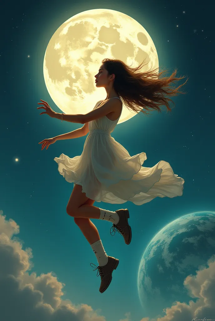 Play a woman jumping to the moon and put on her socks and shoes