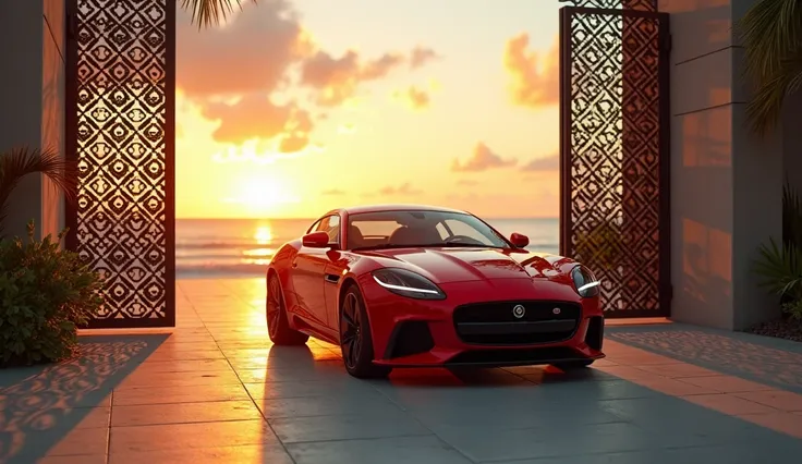 Create a stunning image of a red Jaguar with graphite wheels from the year 2024, gliding through the gates of a beachfront mansion in the golden hour of sunset. The camera follows the car as it elegantly exits the property, capturing every detail in high d...