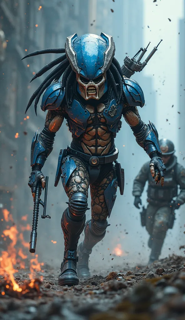 The best predator vs running soldier art design ever, wallpaper hd, 8k, 4k, ultra hd, blue and silver predator, holding his alien weapon, angry, running, from below