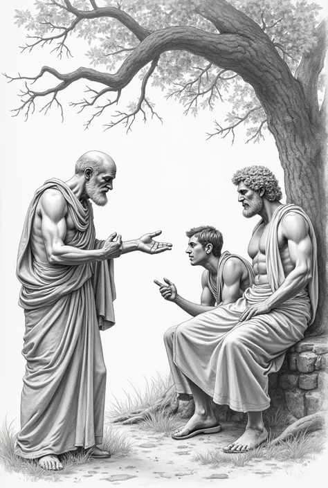 Make a contoured drawing Figures of philosophers known as Socrates,  Plato and Aristotle , At a meeting, arguing in an outdoor environment, perhaps under a tree.