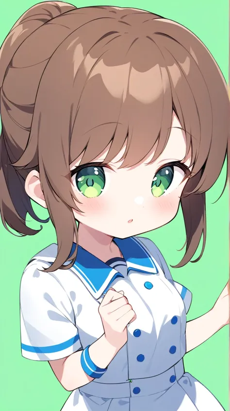 one girl、is facing the front、FamilyMart uniform with a Lawson uniform、Standing still、hair brown、Light green eyes、Semi-long hairstyle、half up、 no background、Green background、Remove the background so it's easier to crop、