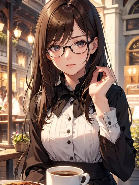 1 woman、 brown hair(Like)、brown eyes、black rimmed glasses、 best quality、Super Detail、 8k resolution for kindergarten ren、RAW photo、masterpiece、 enchanting 、 gorgeous faces near royal castles、perfect body、cafe terrace、Coffee Time