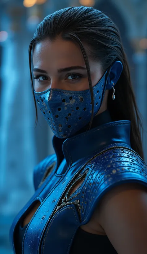 Here's a prompt detailed to generate a super realistic image of Alexandra Daddario as Kitana, with a shiny metal mask and details blue, focused on the upper body: "Hyper-realistic Close-up of Alexandra Daddario as Kitana, the warrior of * mortal kombat*. S...