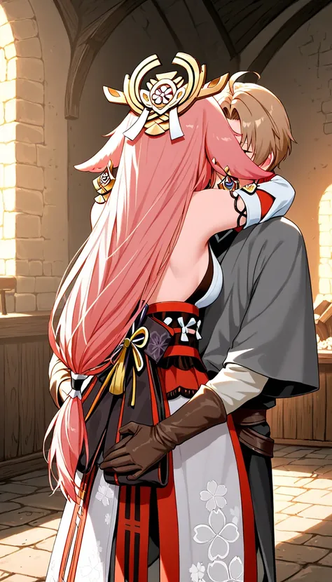  Couple in love , Rudeus Greyrat and Yae Miko,  hugging each other , medieval room in the background, masterpiece, The best quality, high resolution 