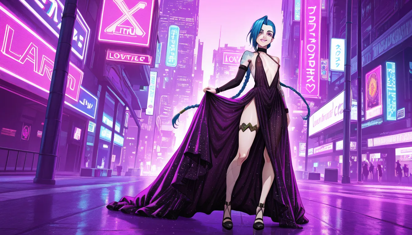 jinx from arcane ,lovely face, wearing a beautiful sheer dress, cyberpunk city environment background , masterpiece, anime style, flashing full body, nipples visible, glittering body glittering in the sun light