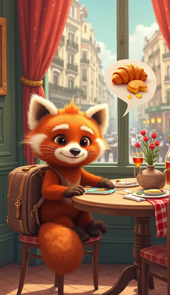 "Ravi, the adorable anthropomorphic red panda, sits on a cozy table in a charming Parisian restaurant, with a lively and curious expression on his face. His travel backpack is propped up next to the chair, and the table is decorated with plaid towels and a...