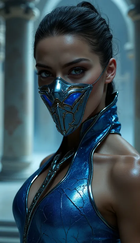Here's a prompt detailed to generate a super realistic image of Alexandra Daddario as Kitana, with a shiny metal mask and details blue, focused on the upper body: "Hyper-realistic Close-up of Alexandra Daddario as Kitana, the warrior of * mortal kombat*. S...
