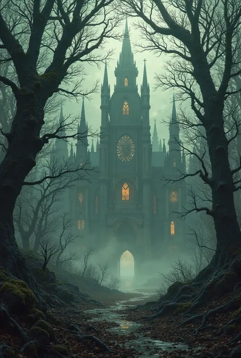 Create a landscape image of a dark forest, a scary Wen palace.
