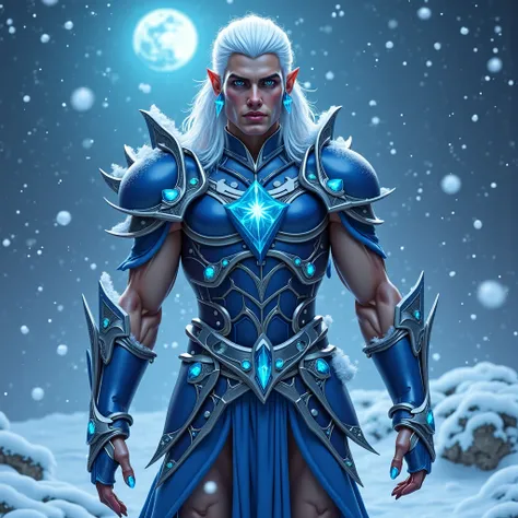 Full body Hyper photo-realistic image of an Incredibly handsome 20 year old male model type. Beautiful Celestial God of ice and snow. with v-shaped torso large lanky muscular body builder with narrow waist and well rounded buttocks and really long legs. A ...