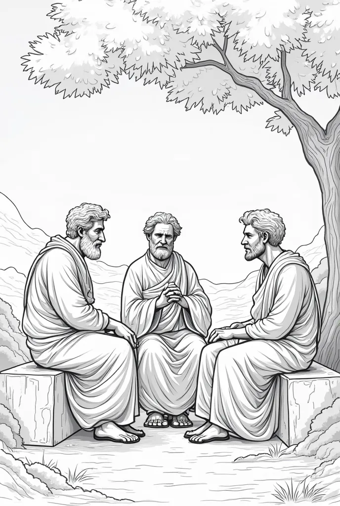 simple contoured drawing Figures of philosophers known as Socrates,  Plato and Aristotle , At a meeting, arguing in an outdoor environment, perhaps under a tree.