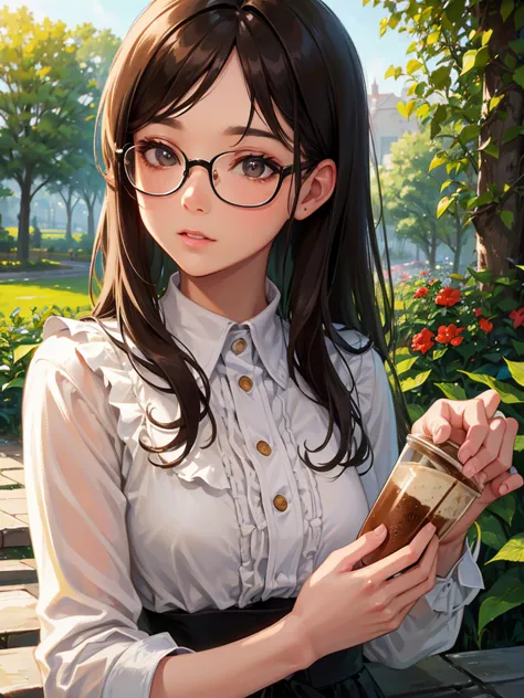 1 woman、 brown hair(Like)、brown eyes、black rimmed glasses、 best quality、Super Detail、 8k resolution for kindergarten ren、RAW photo、masterpiece、 gorgeous faces near royal castles、perfect body、cafe terrace、Coffee Time