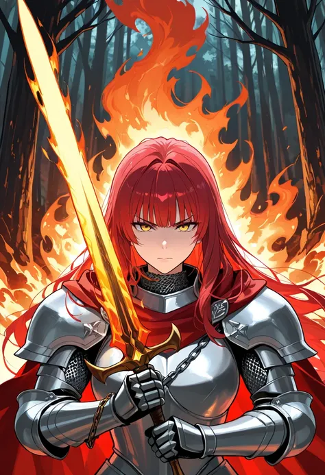 Mature woman, perfect anatomic draw, perfect eyes, long red hair, yellow eyes, serious face, straight bangs down, sacred knight, silver armor, chain mail, great fire sword, brave pose, inponent, fire underground, fire powers, burned everywhere, in the fore...