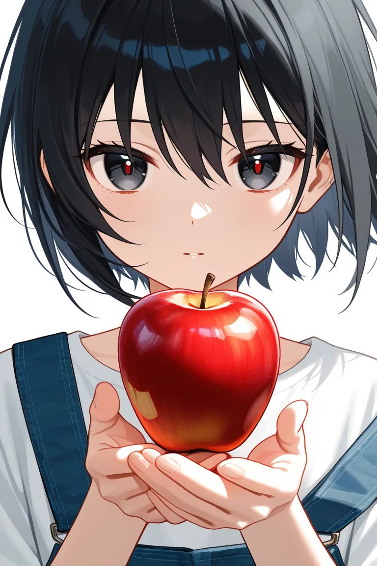 short hair, hugging a giant apple, white background, pale skin, black eyes