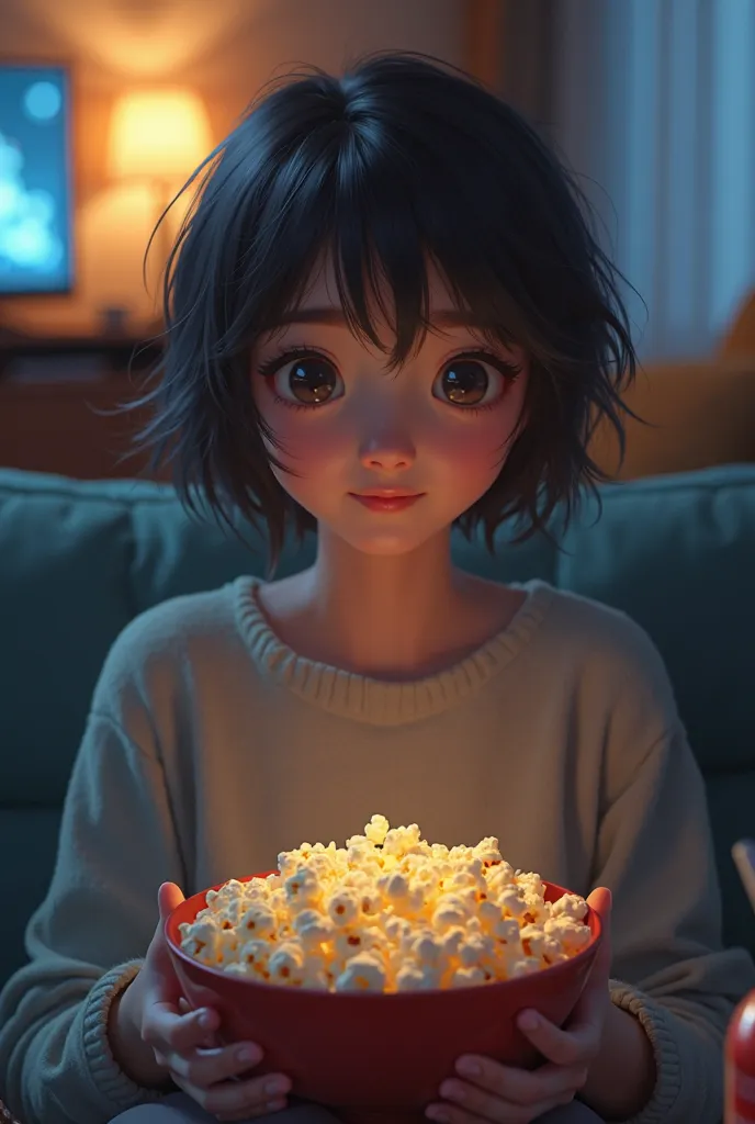 **Brunette Asian with short hair, watching a movie and eating popcorn. Her name is Bunny, age 21, a real human.**