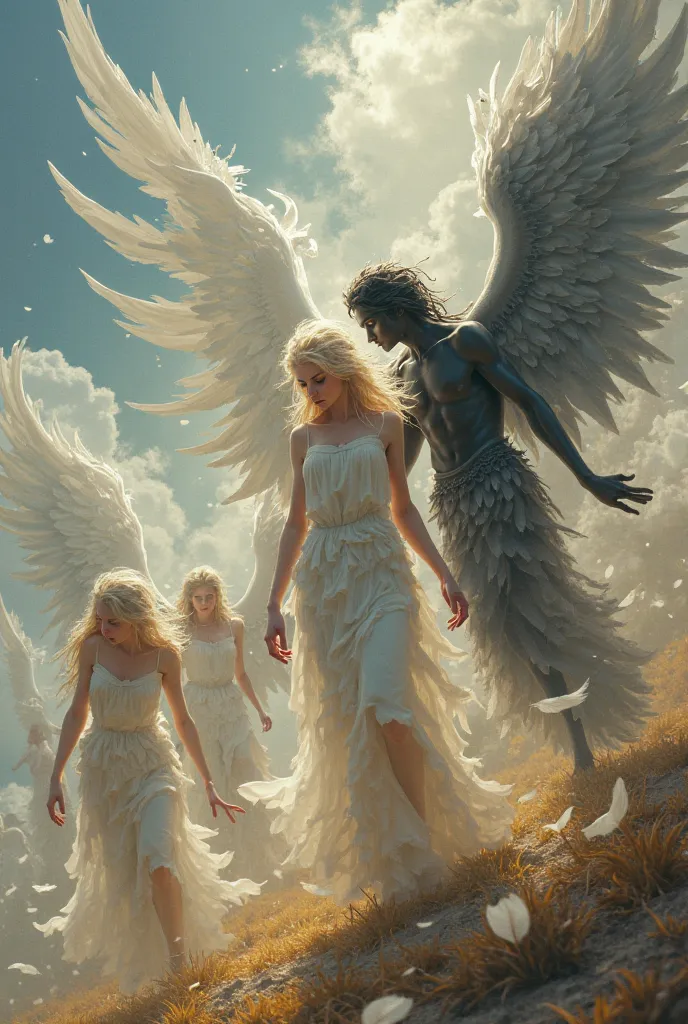 several male and female angels with white wings and black wings walking around the earth, disoriented 