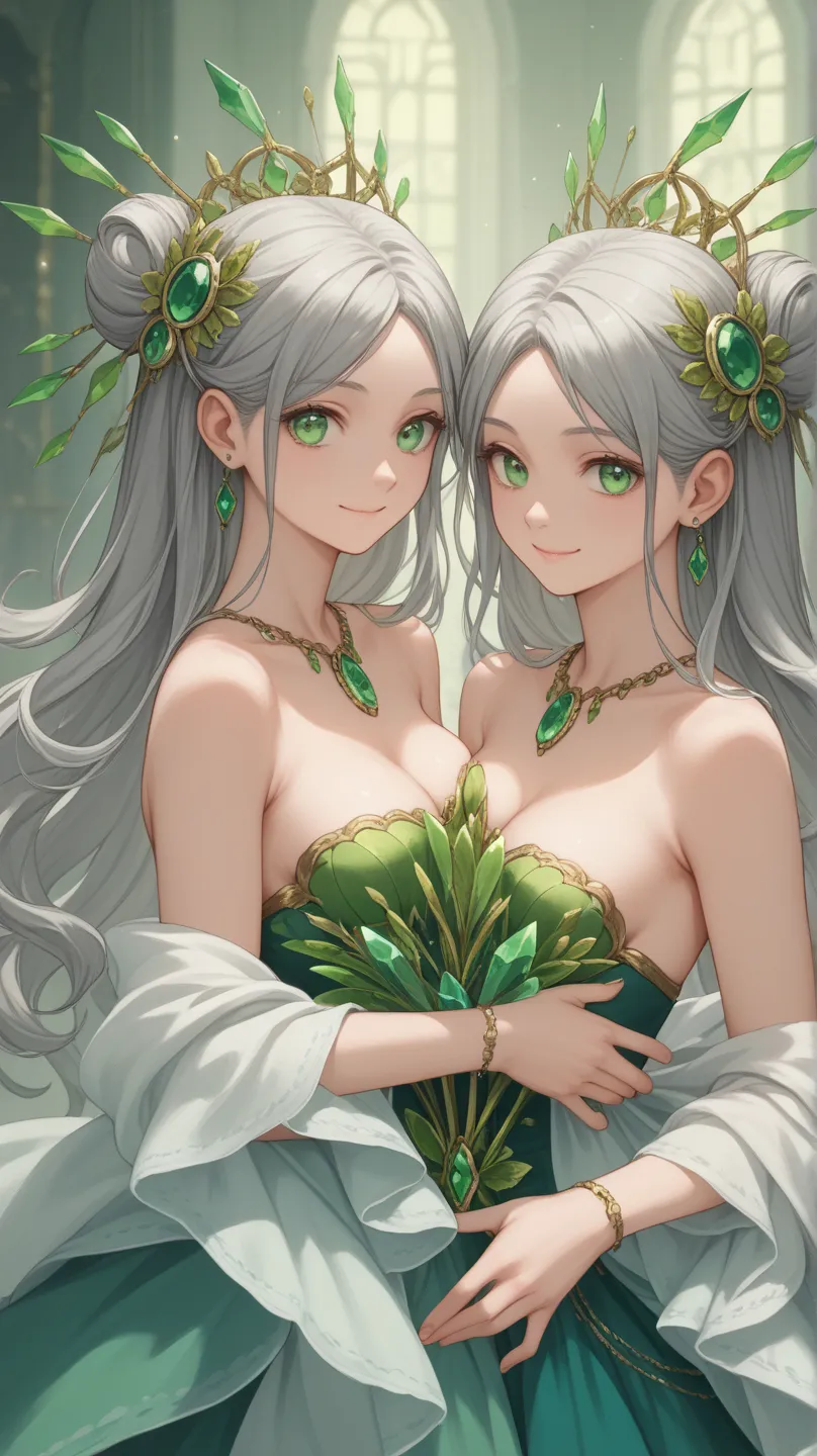 twins, green Emerald eyes, grey hair, long hair, breasts,smile、masterpiece:2, high resolution、high image quality、high resolution,8K,Anime Style,