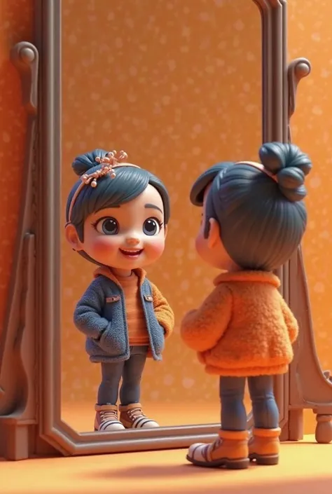 “A tiny, stylish 3D character standing confidently in front of a mirror, admiring their new outfit. The character looks happy and ready to go out. Warm, inviting lighting, high-quality details.”