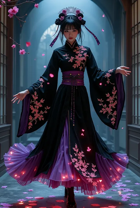 Dazzling black ink cherry blossom petals in halation black light、I'm dancing while wobbling my hair、Please take a full-body picture of a beautiful Japanese girl who looks like a shrine maiden costume combined with a gothic。The base of the costume is embroi...