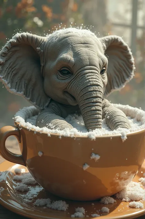 Please make me a super real photo with the following: a giant coffee cup, inside is a bathing elephant