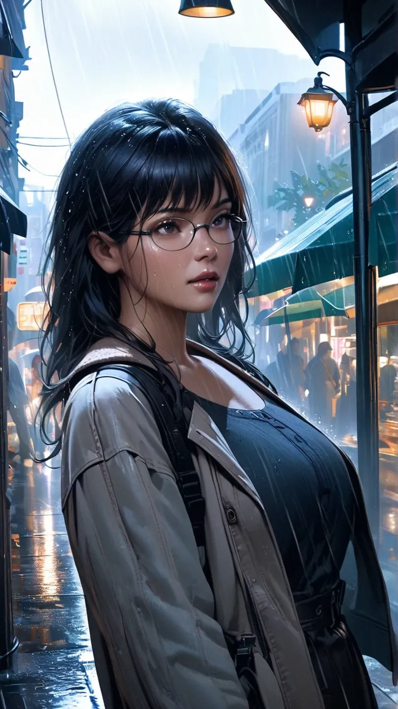 Black hair, glasses, sheltering from the rain