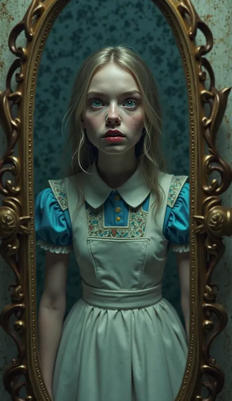 Alice looking in the mirror, distorted reflected image, like someone else looking through. Scared Alice, image chasing her