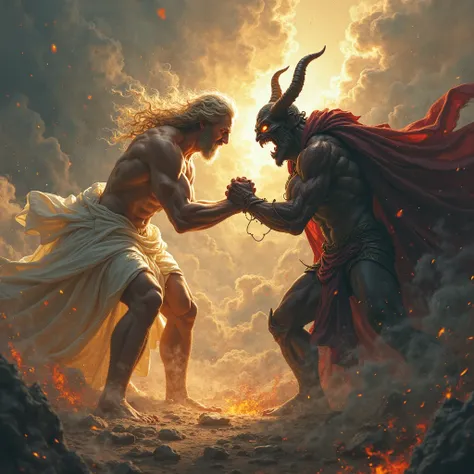 God and the Devil fighting arm wrestling