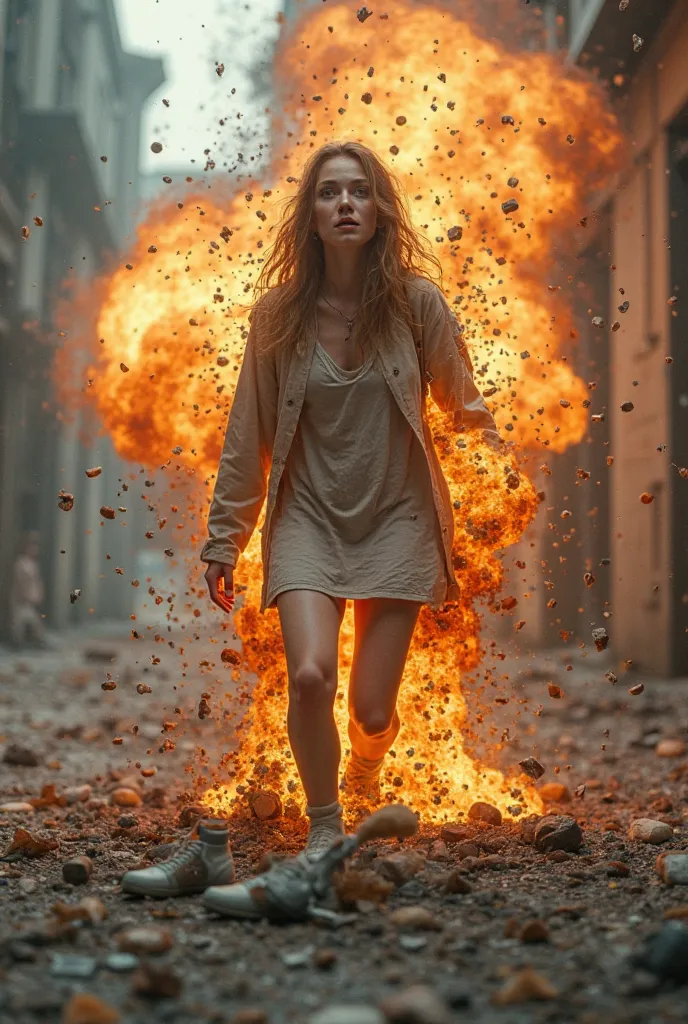 Play a woman exploding and let her shoes and socks stay in the ground