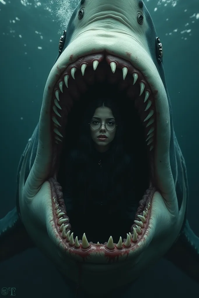 Create an image of a girl in the mouth of a shark,the girl must be a real person with glasses and long hair and die in a black costume