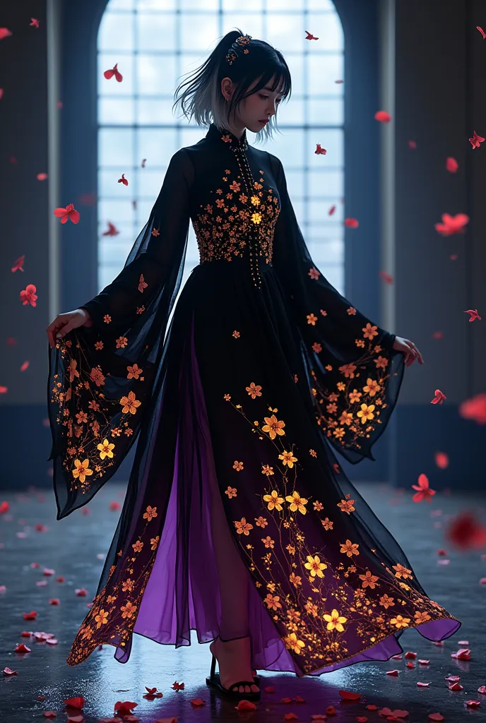 Dazzling black ink cherry blossom petals in halation black light、I'm dancing while wobbling my hair、Please take a full-body picture of a beautiful Japanese girl who looks like a shrine maiden costume combined with a gothic。The base of the costume is embroi...