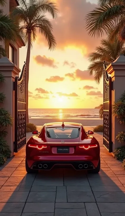 Create a stunning image capturing the scene from the movie "Red Jaguar with Graphite Wheels" set in the year 2024. The camera follows the sleek red Jaguar as it passes through the gates of a beachfront mansion, heading off into the distance. The image is o...