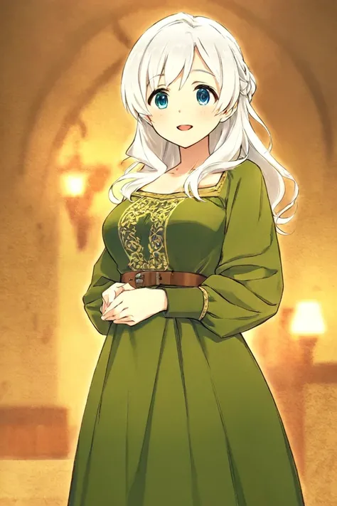 adult, short hair, wavy, white skin, green dress, simple medieval style, citadina, happy, anime