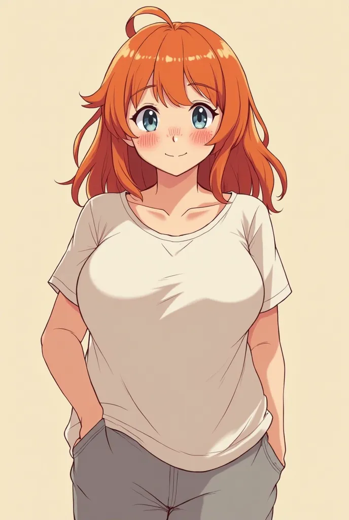 Chubby anime woman with freckles and ginger hair, adult wearing a t-shirt and sweatpants