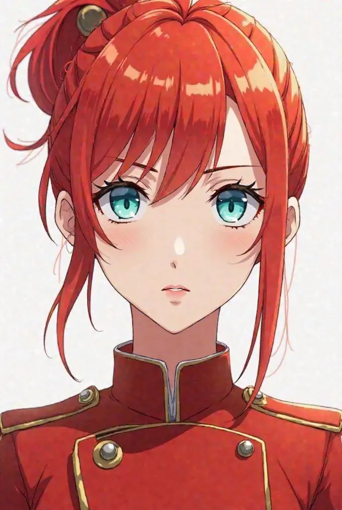  , Red hair tied up, cyan eyes, white,  red uniform , in anime